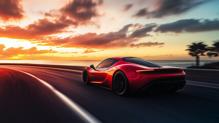 未来のスポーツカーが海岸線を疾走する夕暮れ