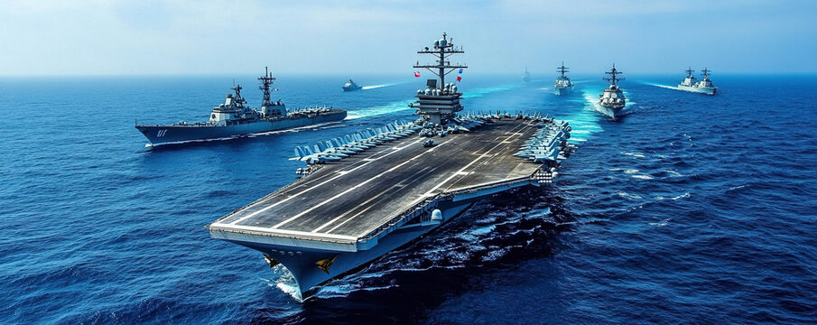 Aerial view of multiple U.S. Navy ships and aircraft in formation, with a deep blue ocean background, cinematic