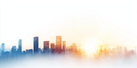 Fototapeta premium City skyline silhouette with sunrise and soft blue haze.