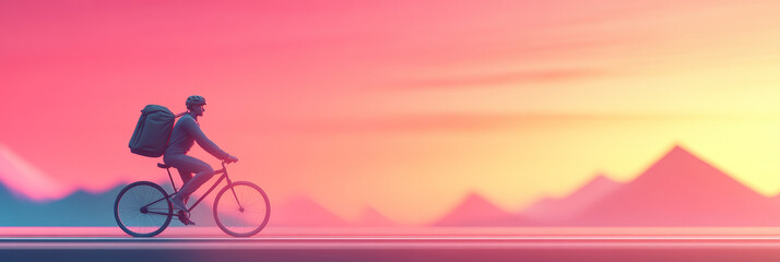 Obraz premium Silhouetted cyclist rides towards a vibrant sunrise, carrying a backpack.