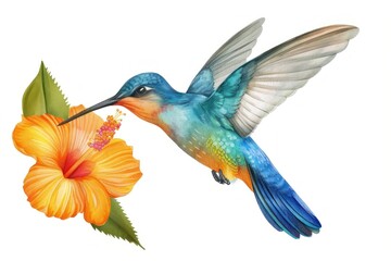Fototapeta premium Colorful hummingbird with hibiscus