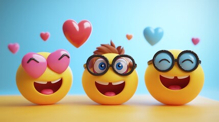 Fototapeta premium Three 3D emojis on a blue background, showing various expressions.