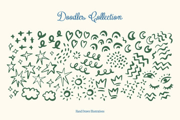 Hand drawn vector doodles collection. Decorative elements. Hand drawn set of speech bubbles, arrows, clouds and doodle elements. Matisse style doodles.