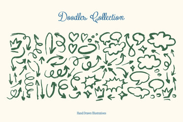 Hand drawn vector doodles collection. Decorative elements. Hand drawn set of speech bubbles, arrows, clouds and doodle elements.