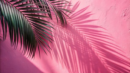 Obraz premium Palm leaf shadows casting on pink wall background, medium shot