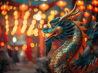 Fototapeta premium Lunar New Year decorations with dragons and lanterns, vibrant and traditional, Urban, Bright hues, Photograph, New Year celebration