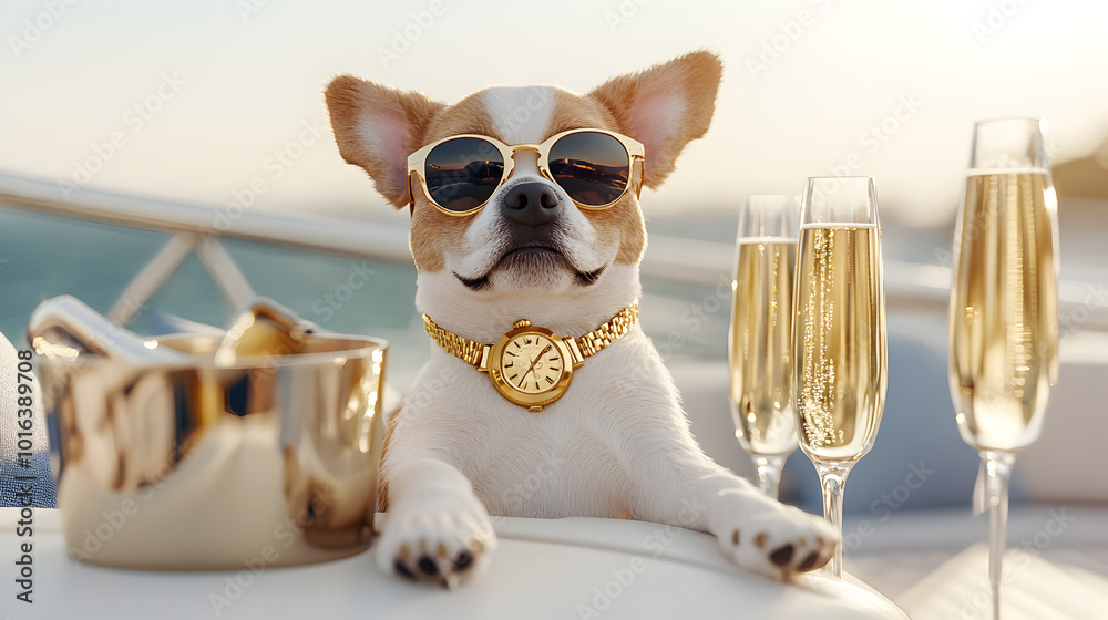 Wall mural cool rich bulldog on expensive private yacht with champagne gold watch stylish sunglasses, billionai