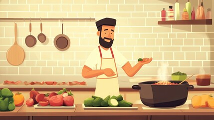 Cartoon-style Indian kitchen with vegetables and spices being prepped for sabzi, curry pot nearby, copy space