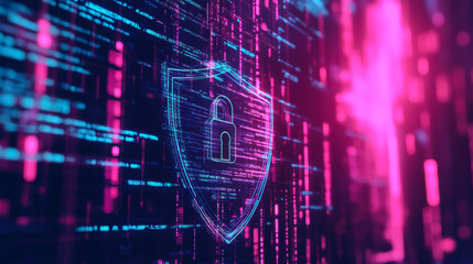 Digital shield symbolizing cybersecurity protection with a vibrant neon background showcasing modern technology trends