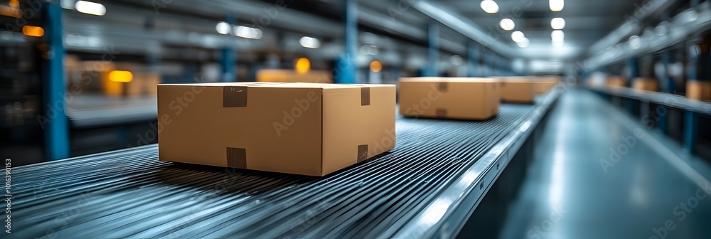 Poster Modern warehouse corridor with stacked cardboard boxes and shelves,showcasing an efficient logistic and storage setup for e-commerce and distribution businesses.