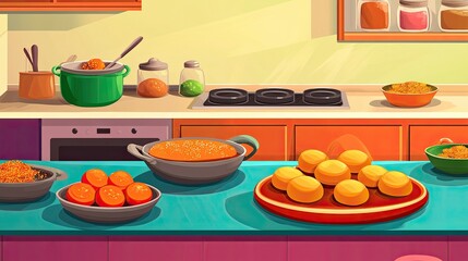 Cartoon-style kitchen with Indian sweets like gulab jamun and ladoo being prepared, copy space available