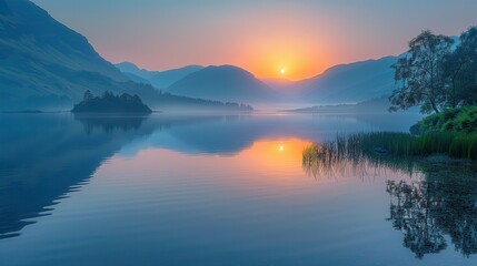 Fototapeta premium Serene Sunrise Over Tranquil Mountain Lake