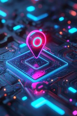 Fototapeta premium A digital location pin icon floating over an abstract circuit board, glowing with neon blue and purple lights. 