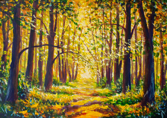 Sun shining through trees on path leading into forest painting