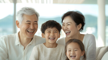 Peaceful Sunday morning in a cozy living room, Asian happy family gathers to share laughter and warmth. Soft sunlight filters to large windows, creating a serene and joyful atmosphere of togetherness.
