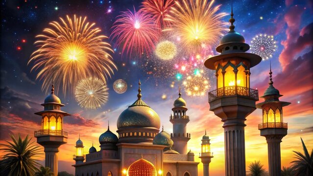 Vibrant colorful fireworks explode in the night sky above a bustling lantern-lit mosque, symbolizing joy and celebration for Eid-al-Fitr or Islamic New Year festivities.