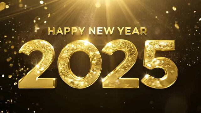 Golden Happy New Year 2025 Shimmering Animation on Black Background