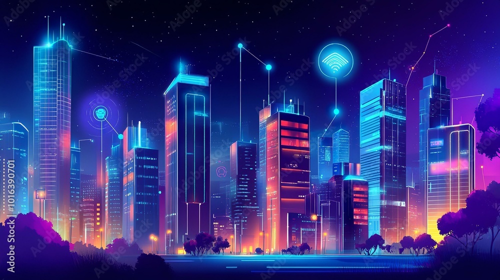 Wall mural Futuristic Cityscape A Neon Dream of Technology and Connectivity at Night