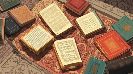 Cartoon-style scene of South Asian manuscripts spread out on a traditional mat, intricate patterns surrounding, copy space