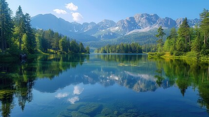 Obraz premium Serene Mountain Reflections in Calm Blue Lake