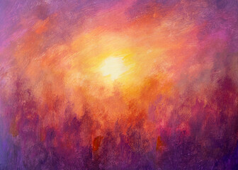 Abstract painting depicting a vibrant and colorful sunset