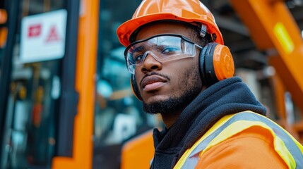 Construction Worker with Ear Protection in Action