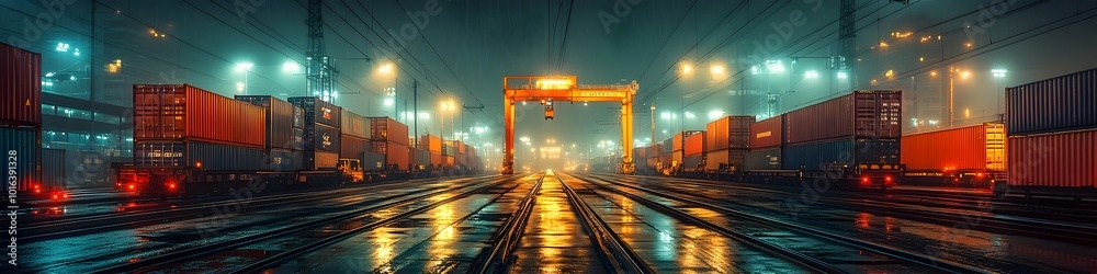 Poster Panoramic view of an illuminated cargo port terminal with stacks of shipping containers and towering gantry cranes operating at night.