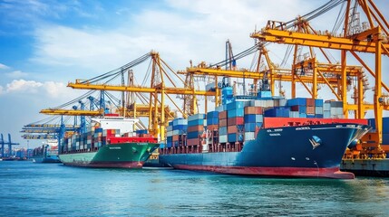 Naklejka premium Freight cranes and cargo ships at a busy seaport