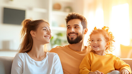 Peaceful Sunday morning in a cozy living room, a happy family gathers to share laughter and warmth. Soft sunlight filters to large windows, creating a serene and joyful atmosphere of togetherness.