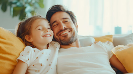 Obraz premium Family bonding in cozy living room filled with sunlight on a calm Sunday morning. Joyful moments of laughter as the family gathers in the soft glow of natural light, capturing love and happiness.