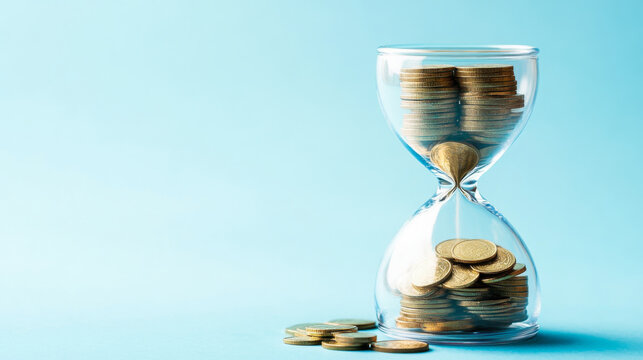 An hourglass filled with coins against a light blue background symbolizes the value of time and money in financial planning - Powered by Adobe