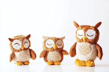 Fototapeta premium set of three endearing plush owl toys perched on invisible surface, white background