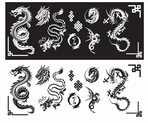 3 types of cool dragon silhouettes. New Year's card illustration material for the Year of the Dragon, Two dragons (black and red), Tribal tattoo of the dragon head silhouette, twin dragons,Vector