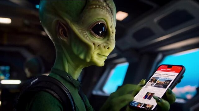 An alien holds a smartphone in his hands and watches the news
