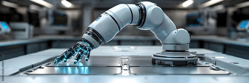 Poster robotic arm manipulating high-tech industrial equipment and machinery in a futuristic,modern factory