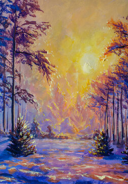 Bright yellow sun shining over a snow covered forest path