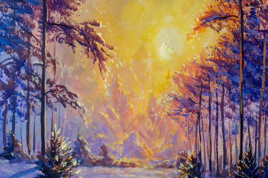 Bright sun shining through snowy forest painting