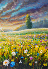Sun shining through storm clouds over field of wildflowers painting