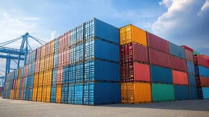 Logistics transport with stacked containers at a port terminal