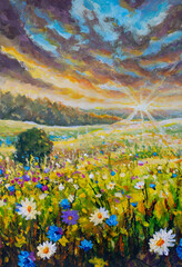 Original oil painting of a field of wildflowers at sunset