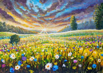 Sun shining over a field of wild flowers painting