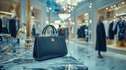 A stylish handbag displayed in a luxury retail environment with elegant decor.