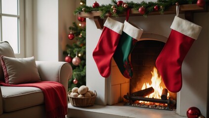 Festive Christmas scene featuring stockings hung above the fireplace