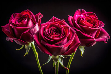 Beautiful dark magenta hued roses arranged elegantly against black background, showcasing their intricate petals and vibrant colors, evoking sense of romance and elegance