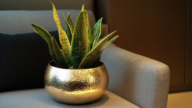 Elegante Raumgestaltung mit Bogenhanf in strukturiertem Goldtopf f&uuml;r moderne Wohnr&auml;ume