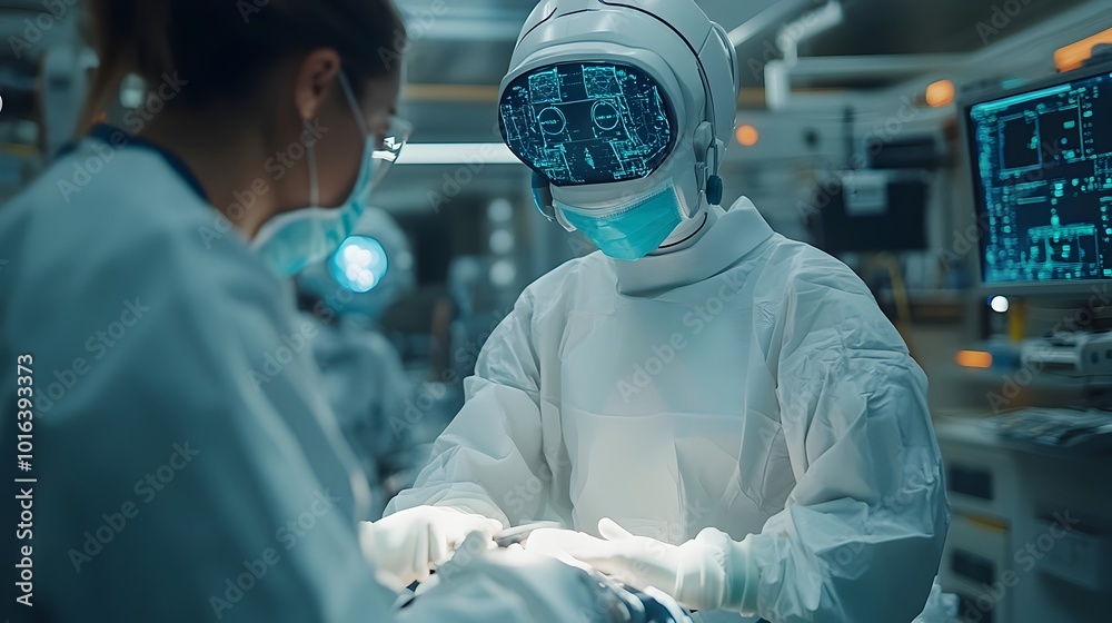 Aufkleber skilled surgeon in white protective gear performs a critical medical procedure using futuristic digi