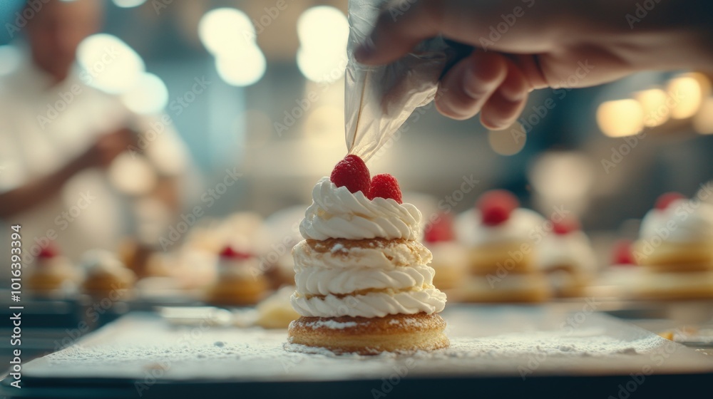 Sticker A pastry chef decorates a layered cake with whipped cream and raspberries in a kitchen.