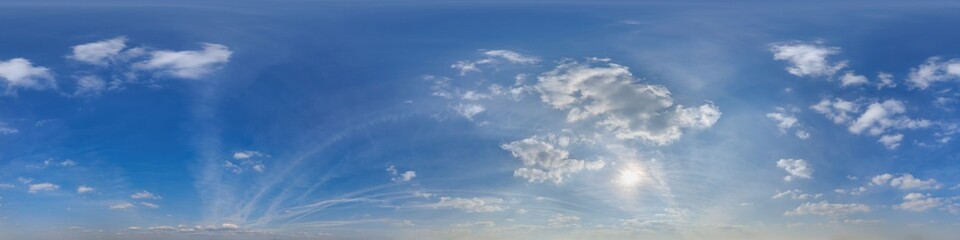 blue clear sky hdri 360 panorama with white clouds with zenith for use in 3d graphics as sky dome or edit drone shot as sky replacement