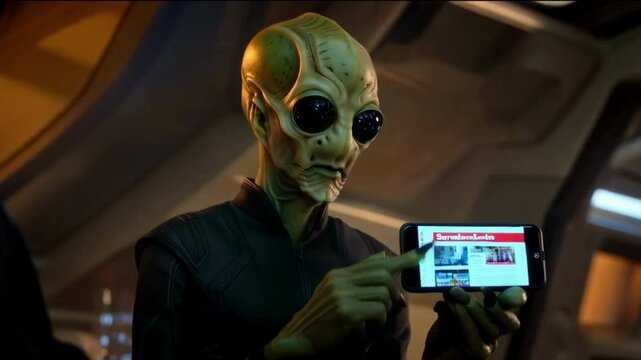 An alien holds a smartphone in his hands and watches the news