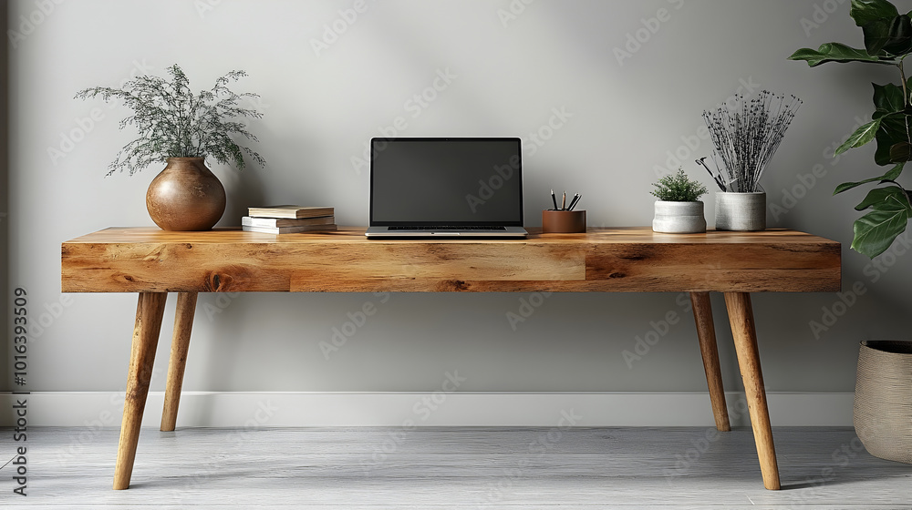 Poster sleek and contemporary desk setup featuring a laptop computer on a plain white background,showcasing